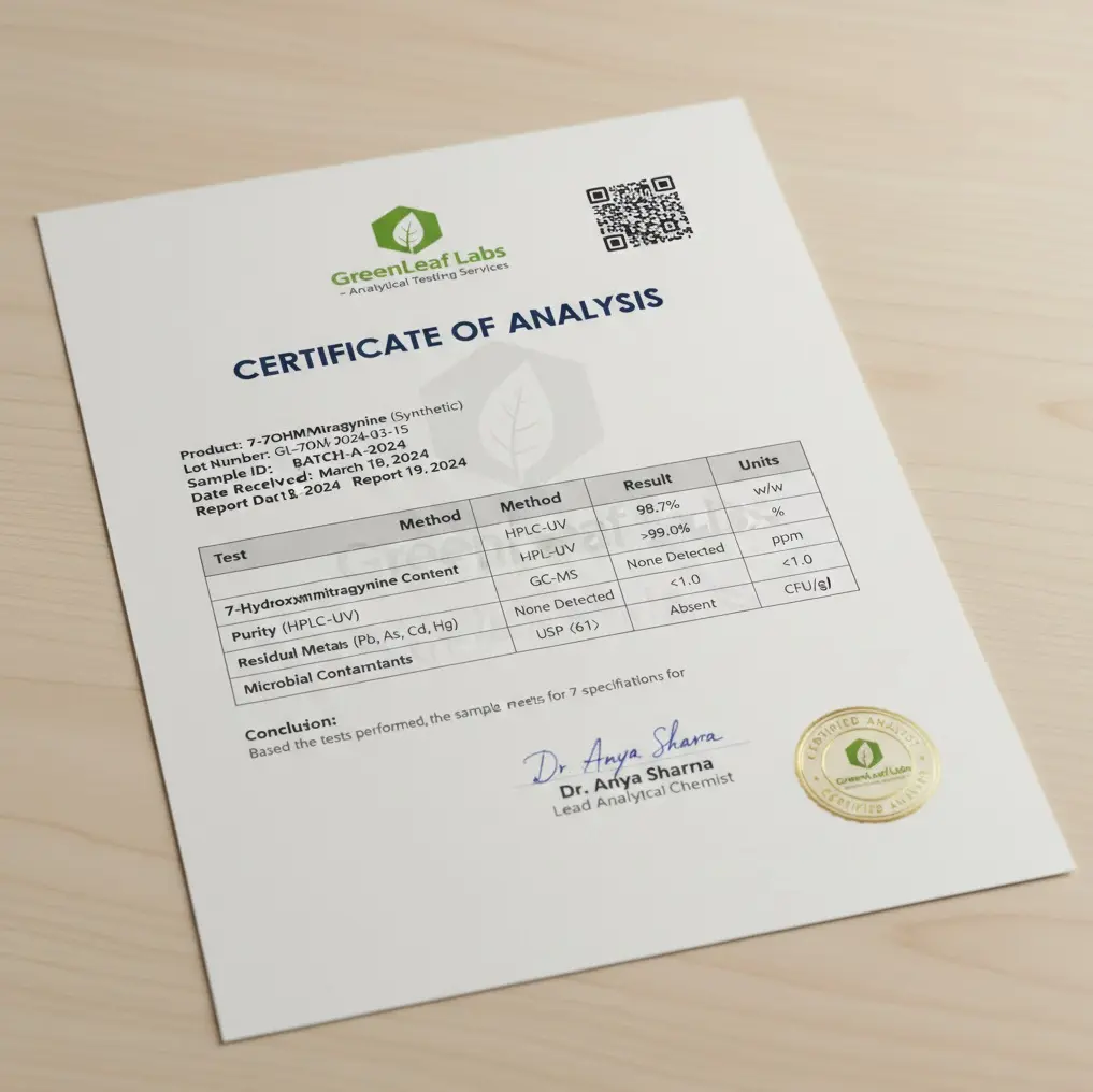 Example Certificate of Analysis (COA) for 7-hydroxymitragynine showing purity testing, heavy metal screening, and microbial analysis