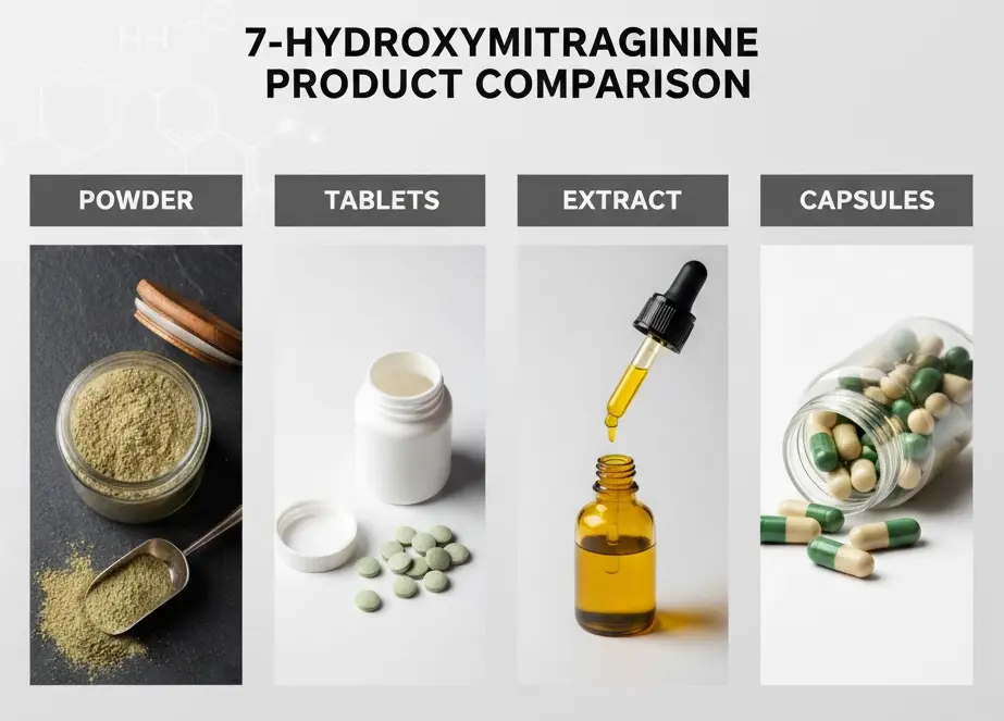 Comparison of 7-hydroxymitragynine product formats: tablets, powder, extract, and capsules for research applications
